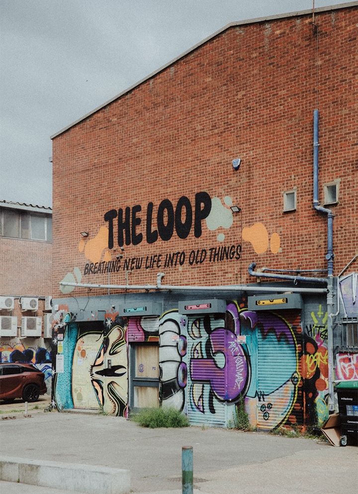 Graffitied warehouse buildings in Hackney Wick