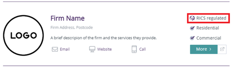 A search result from RICS Find A Surveyor showing a RICS Regulated badge