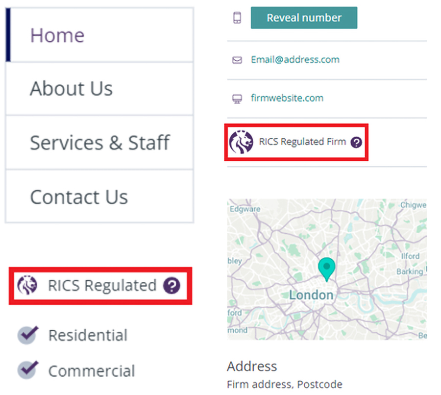 An office listing page from RICS Find A Surveyor showing a RICS Regulated badge
